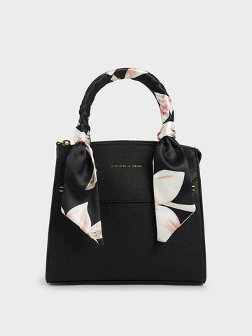 Scarf-Wrapped Top Handle Bag - Black