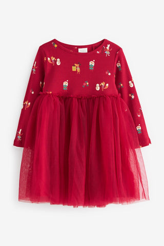 Red Christmas Long Sleeve Printed Tutu Dress (6-9 mths)