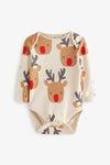 Cream Reindeer Baby Long Sleeve Rib Bodysuit 1 Pack(9-12mths)