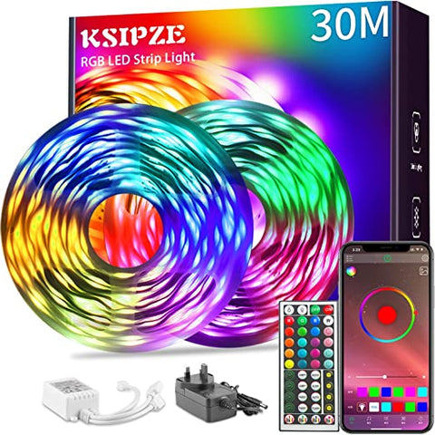 KSIPZE 30m Led Strip Lights(2 Rolls of 15m) RGB Music Sync Color Changing