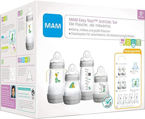 MAM Easy Start Anti-Colic Baby Bottle Set with Dummy Bottles etc. Baby Gift Set from Birth, Grey, Packaging and Instructions in Foreign Language - toylibrary.lk