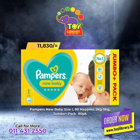 Pampers New Baby Size 1, 80 Nappies, 2kg-5kg, Jumbo+ Pack  80pk - toylibrary.lk